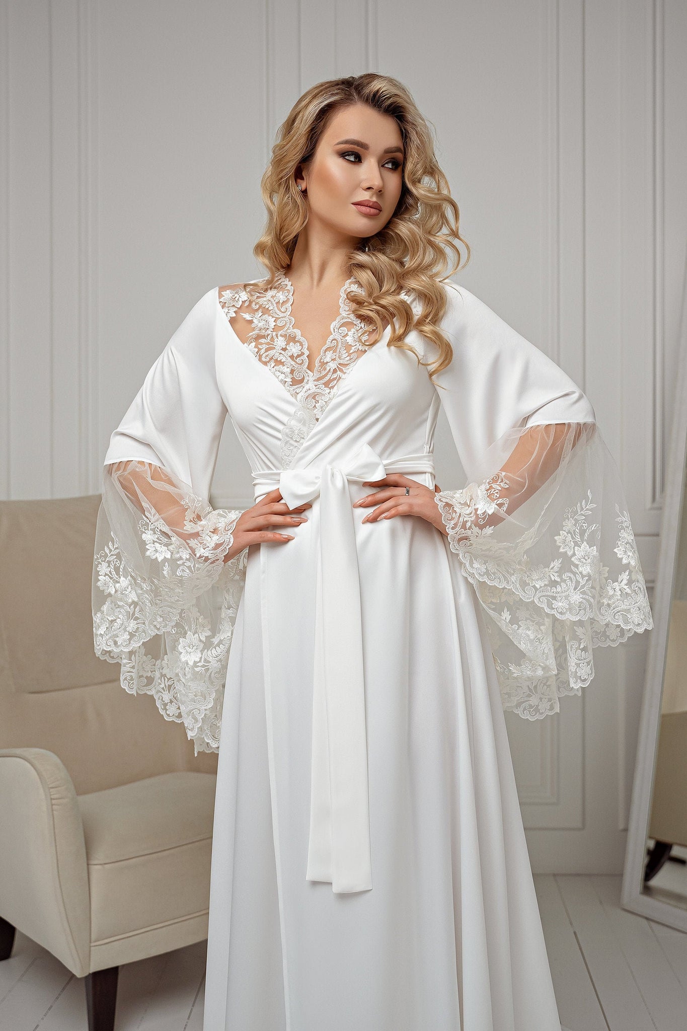 Bridal robe with lace neckline and ...